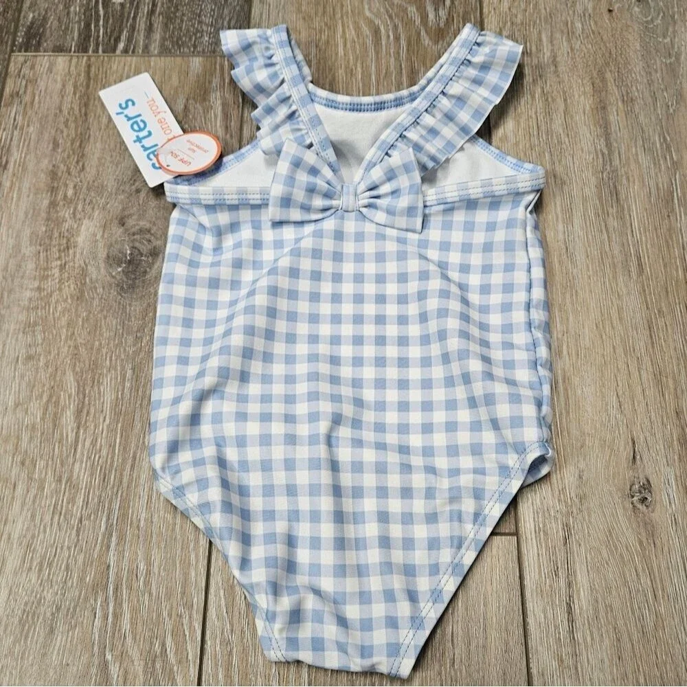 Carter's One Piece Swimsuit Blue Gingham Plaid Ruffle Bow Infant Girl 12 Month